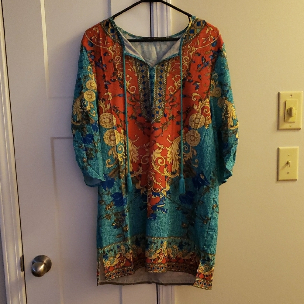 Blue and Orange Graphic Midi Dress with Tunic Sleeves